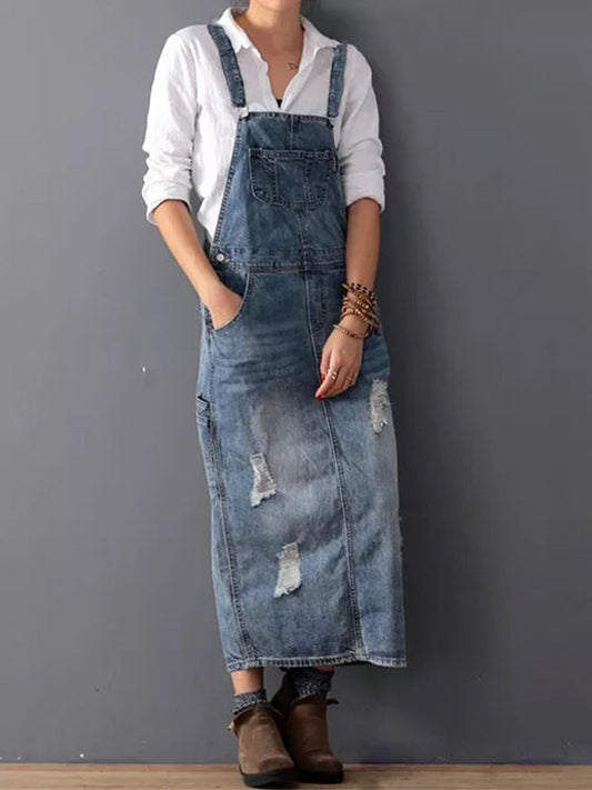 Elise - Jean Slit Back Dungarees Dress