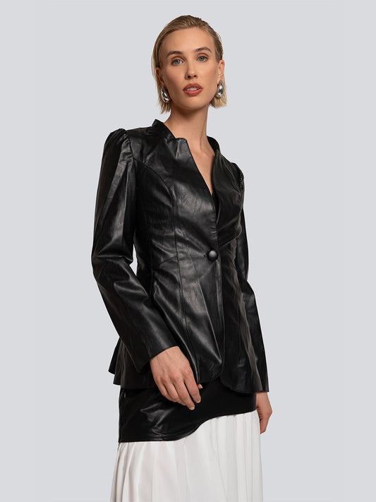 Amanda Buttoned Sculpted Silhouette Leather Blazer Threads & Bond