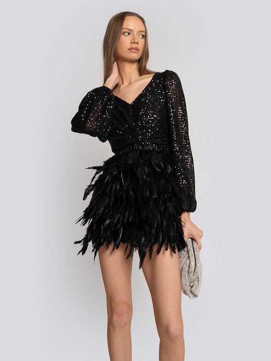 Amelia Sequin Feather Trim Long Sleeve Mini Dress Threads & Bond