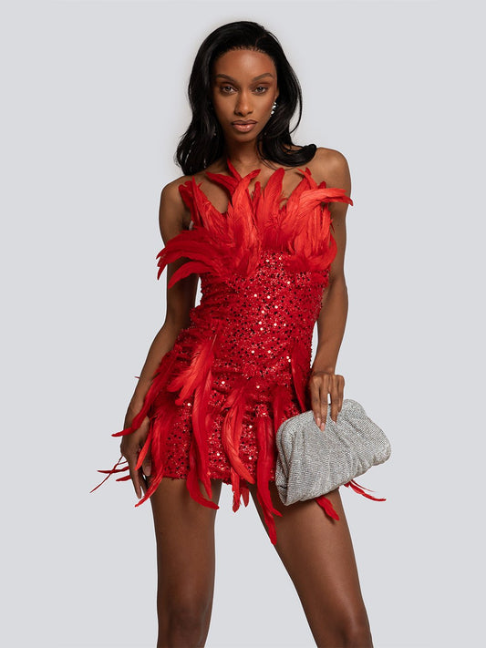 Aria Sequined Feather Embellished Mini Dress Threads & Bond