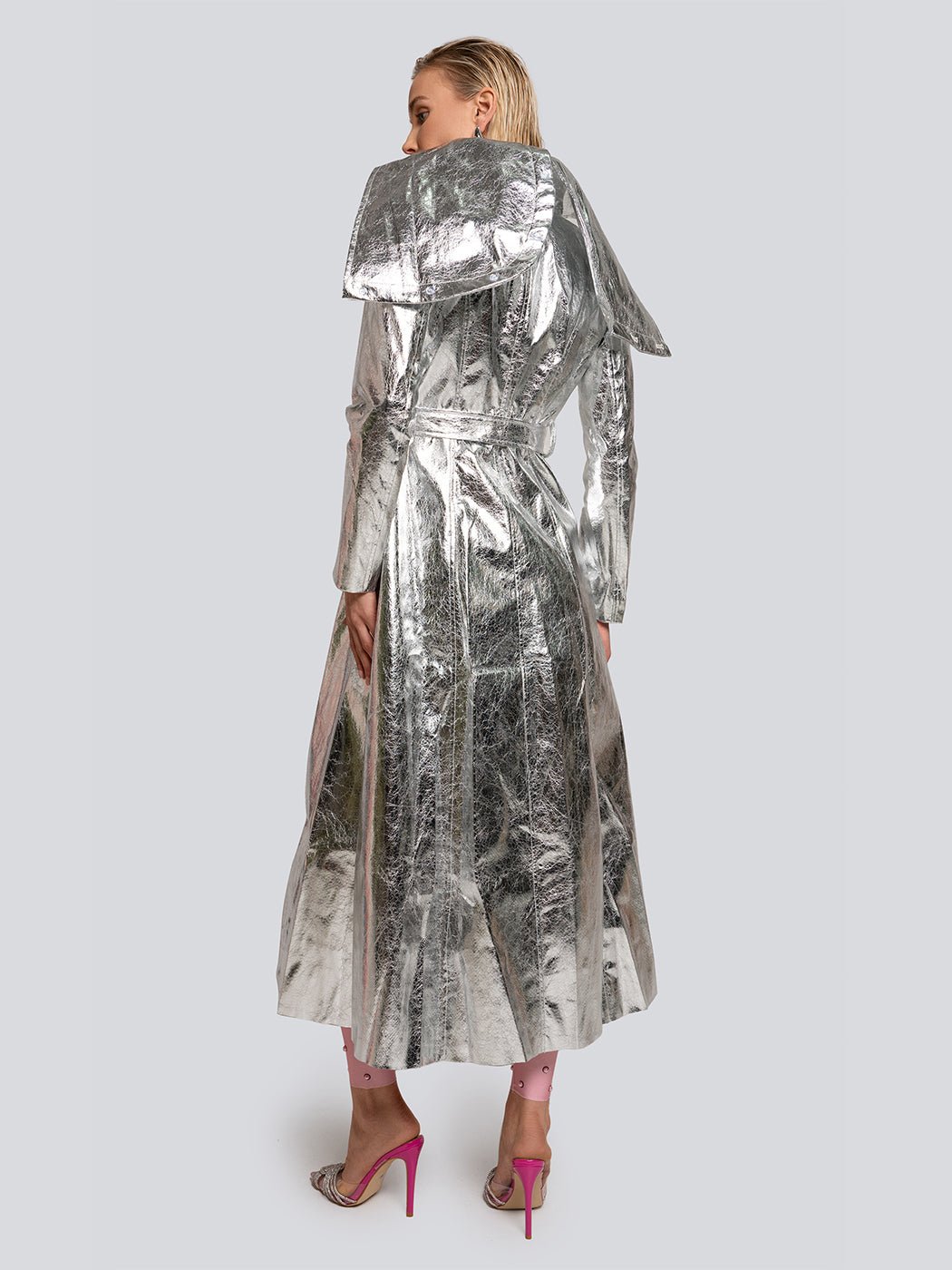 Ariel Metallic Sheen High Collar Belted Trench Coat Threads & Bond