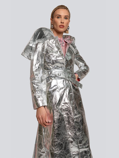 Ariel Metallic Sheen High Collar Belted Trench Coat Threads & Bond