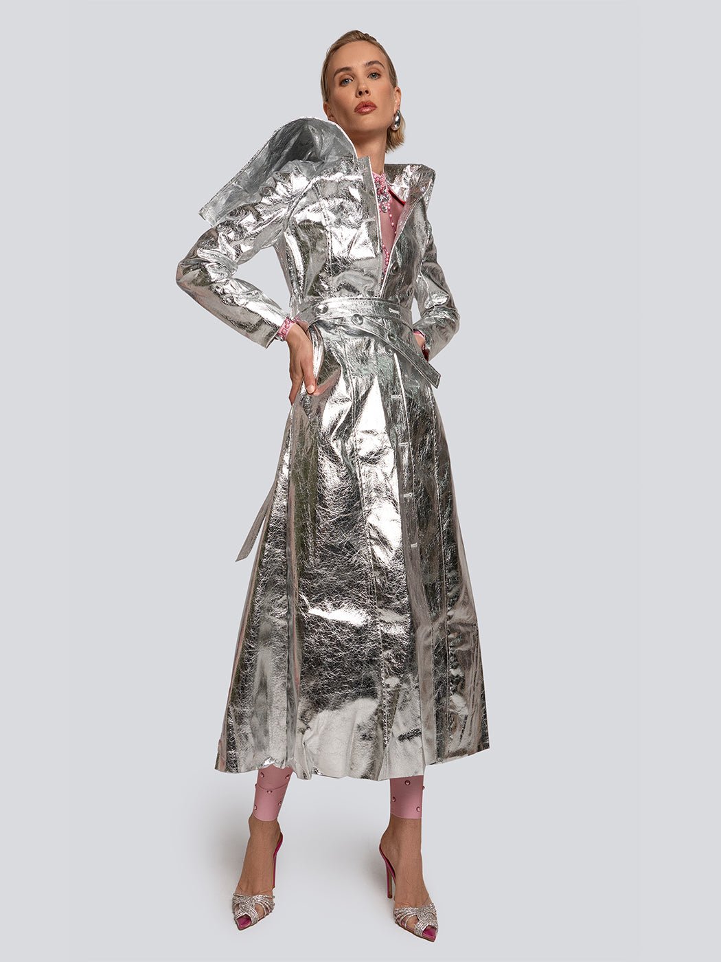 Ariel Metallic Sheen High Collar Belted Trench Coat Threads & Bond