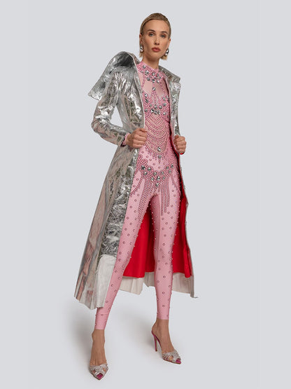 Ariel Metallic Sheen High Collar Belted Trench Coat Threads & Bond