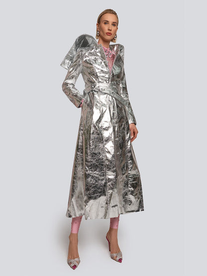 Ariel Metallic Sheen High Collar Belted Trench Coat Threads & Bond