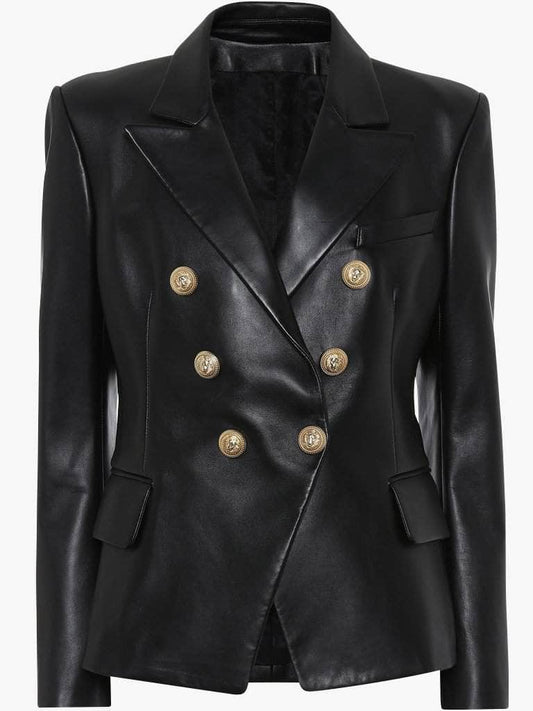 Double-Breasted Black Leather Blazer