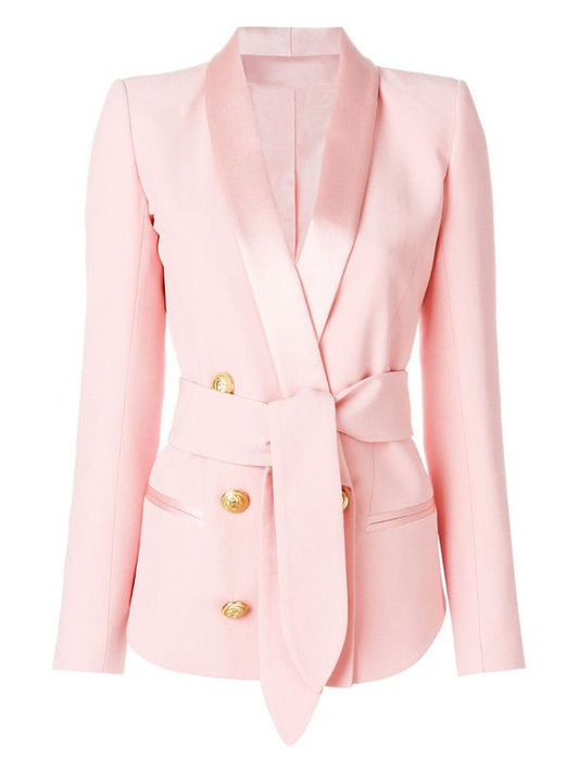 Double-Breasted Pink Belted Blazer