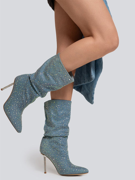 Kayla Rhinestone Embellished Stiletto Denim Mid Calf Boots Threads & Bond