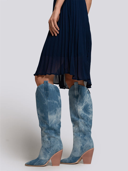 Mia Chunky Heeled Denim Western Boots Threads & Bond