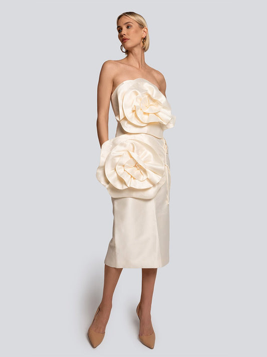 Whitney Strapless Satin Rosette Midi Dress Threads & Bond